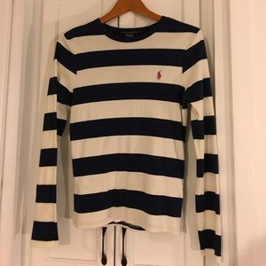 Navy and off white rugby stripe long sleeved t